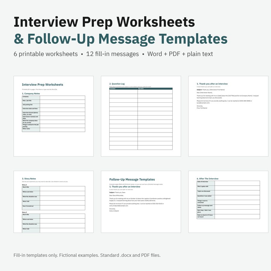 Preview of Interview Prep Worksheets & Follow-Up Message Templates (fictional example data)