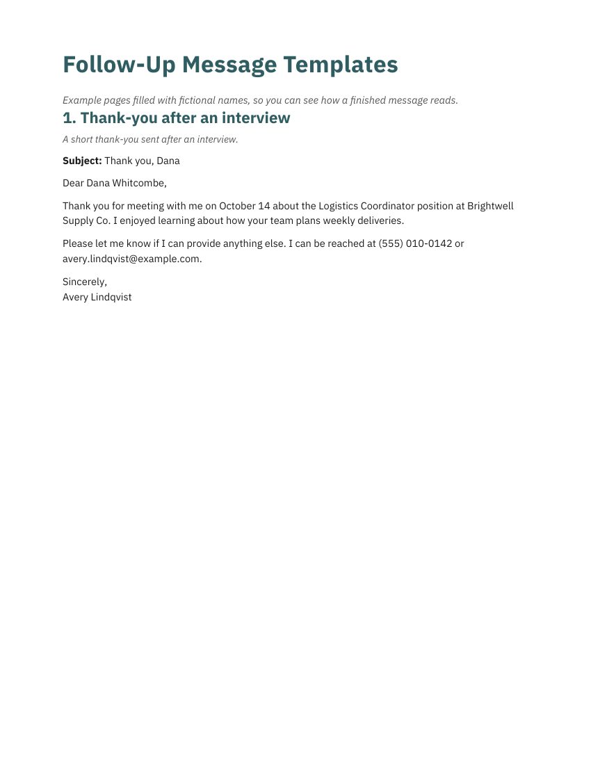 Preview of Interview Prep Worksheets & Follow-Up Message Templates (fictional example data)