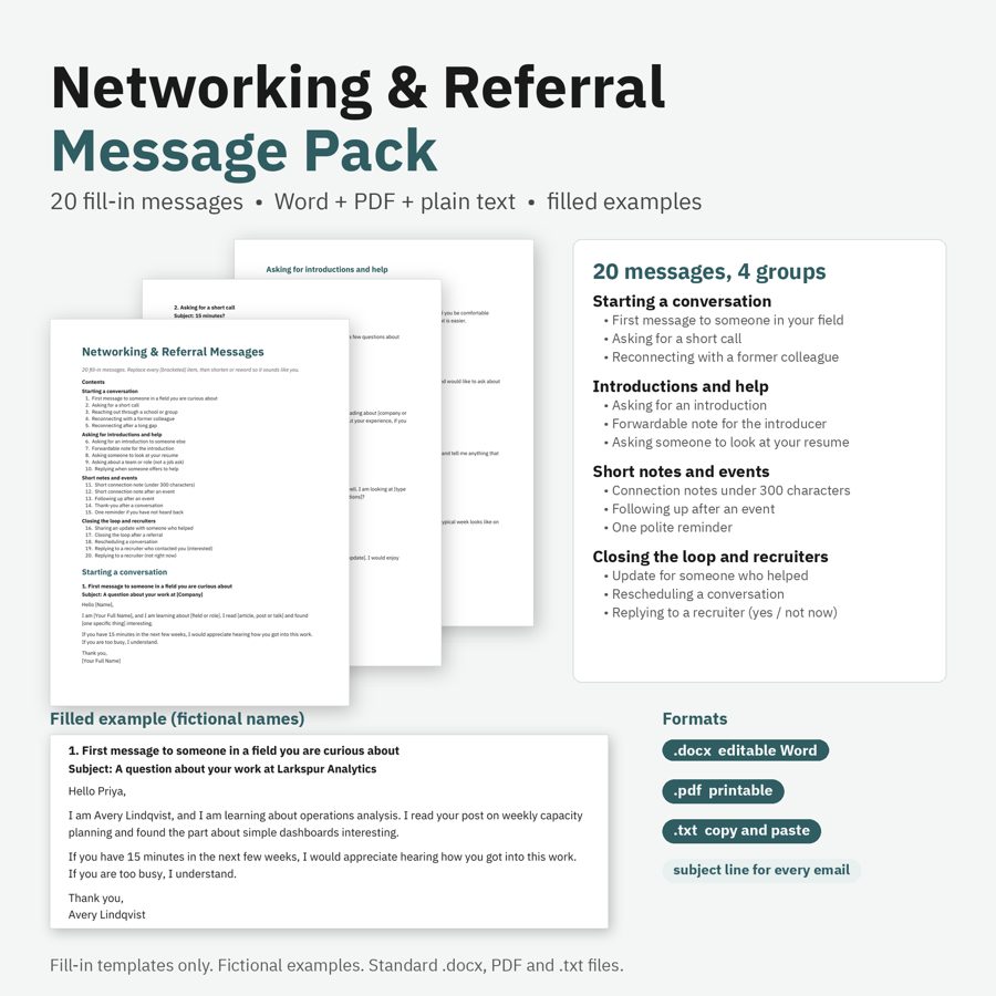 Preview of Networking & Referral Message Pack (fictional example data)