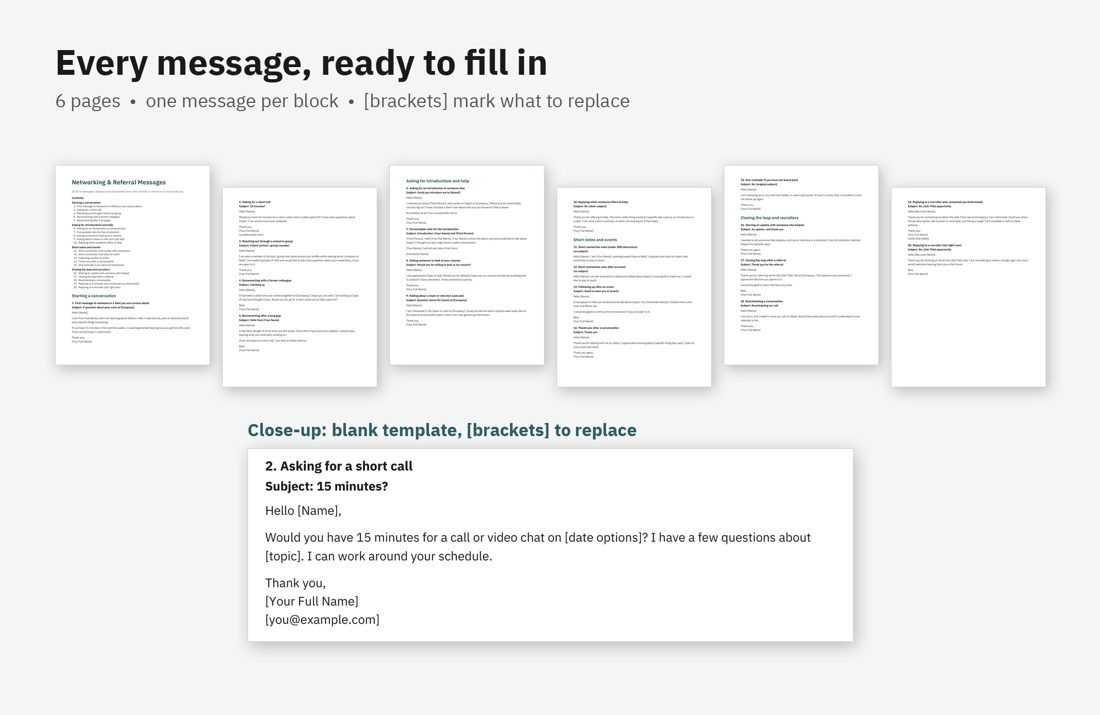 Preview of Networking & Referral Message Pack (fictional example data)