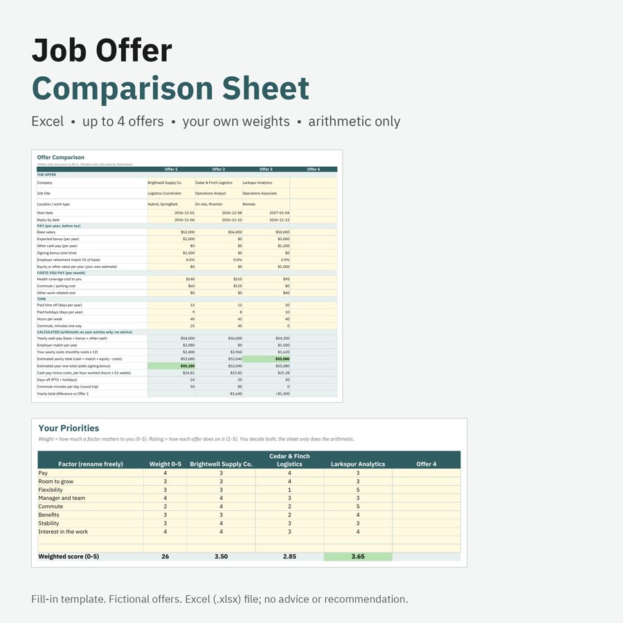 Preview of Job Offer Comparison Worksheet (Excel) (fictional example data)