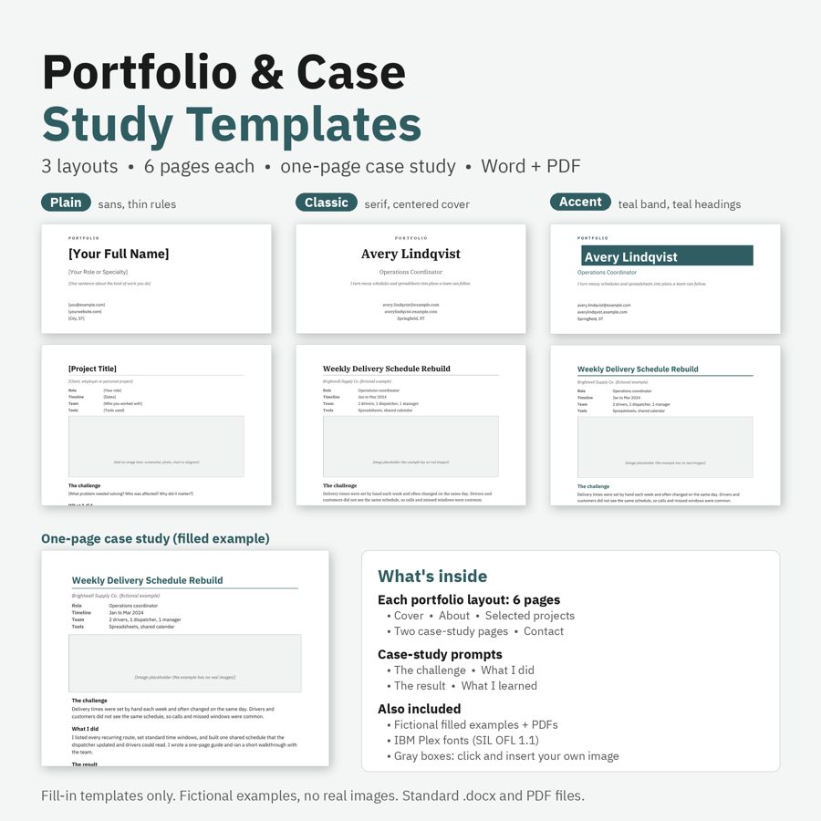 Preview of Portfolio & Case Study Templates (Word) (fictional example data)