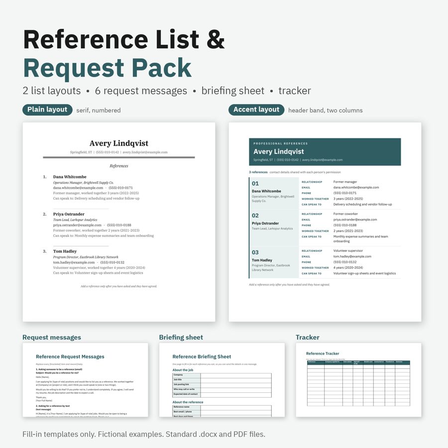 Preview of Reference List & Reference Request Pack (fictional example data)