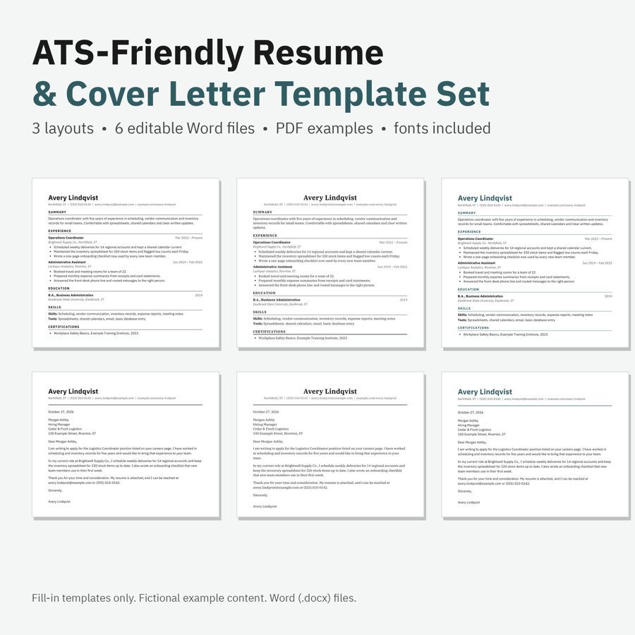 Preview of Resume & Cover Letter Template Set (Word) (fictional example data)