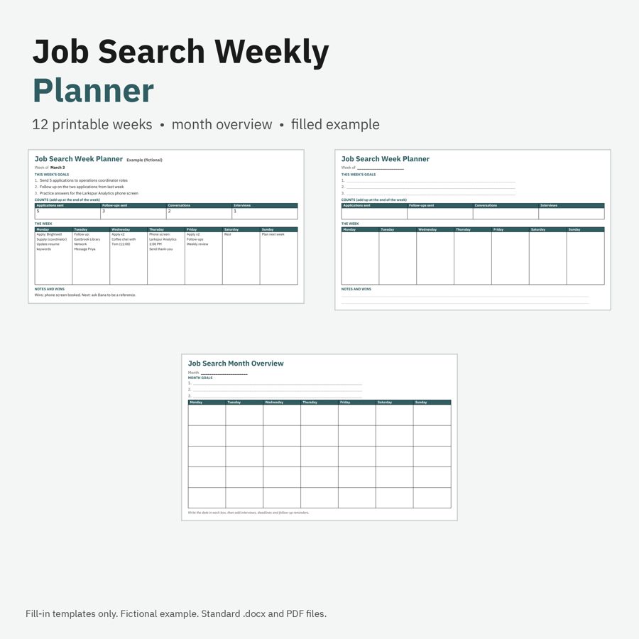 Preview of Job Search Weekly Planner (12-Week Printable) (fictional example data)