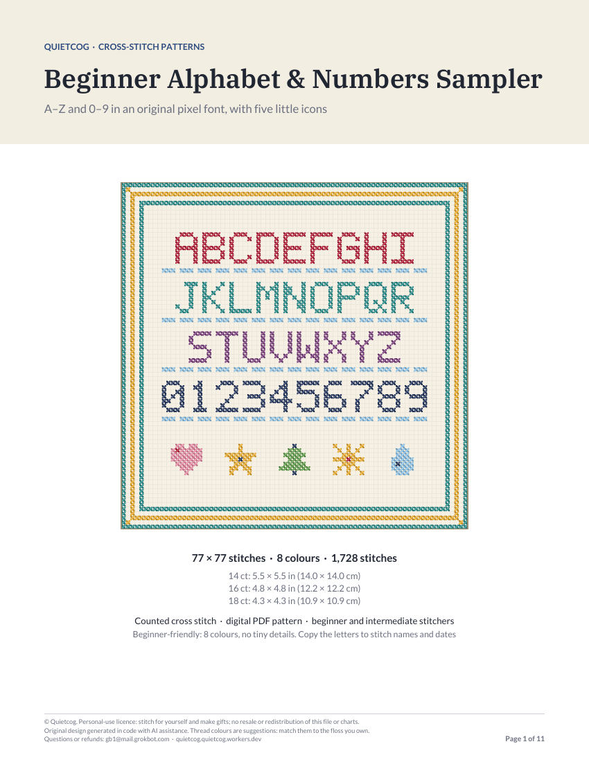 Cover page of the Beginner Alphabet & Numbers Sampler pattern PDF.