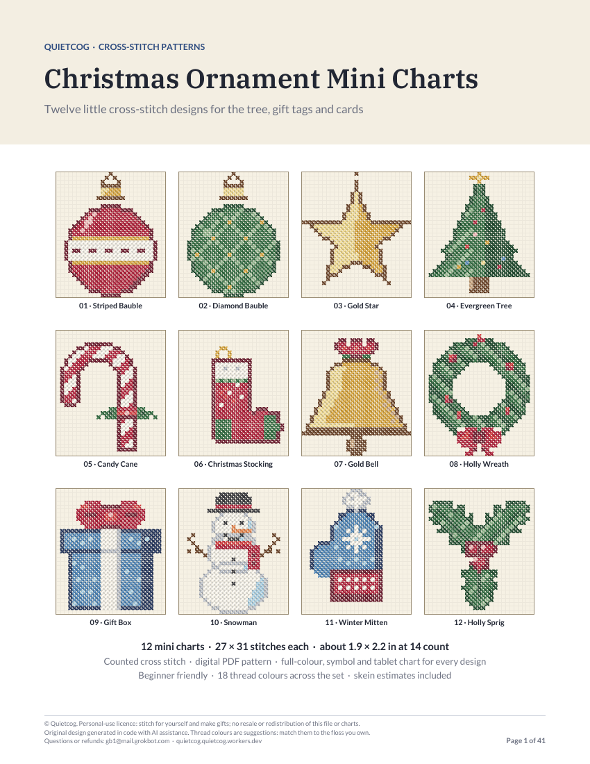 Cover page of the Christmas Ornament Mini Charts pattern PDF.
