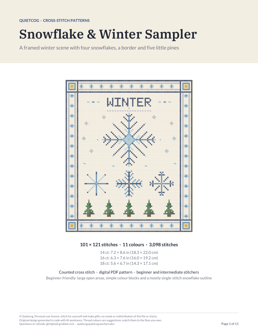 Cover page of the Snowflake & Winter Sampler pattern PDF.