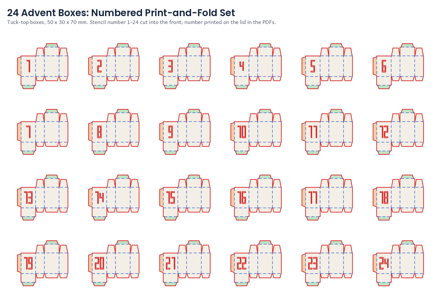 A sheet from the 24 Advent Boxes.