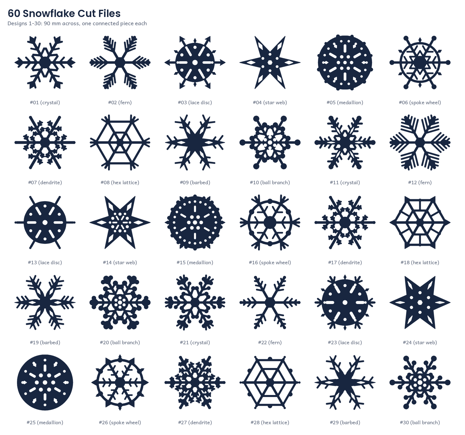 A sheet from the 60 Snowflake Cut Files.