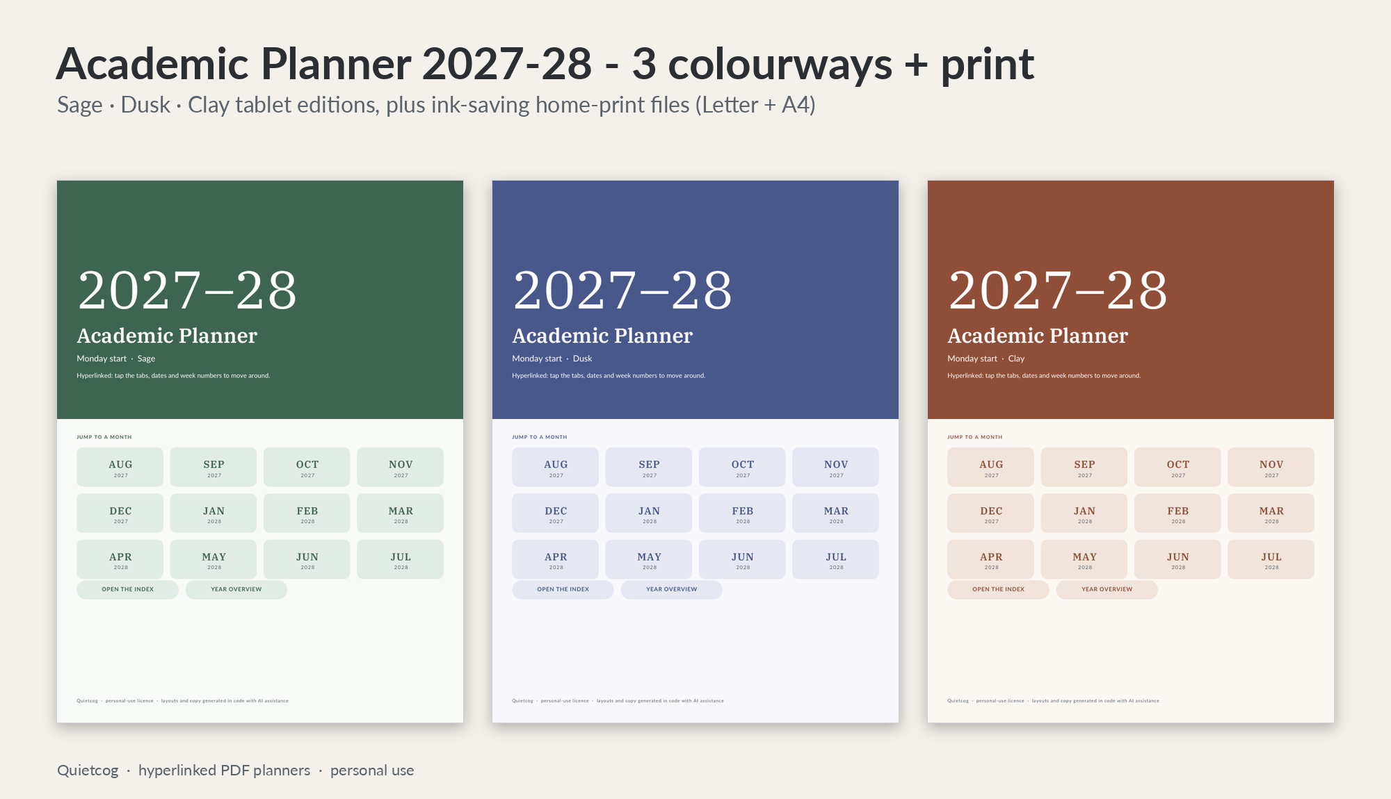 The Academic Planner 2027-28 in three colourways: sage, dusk and clay.