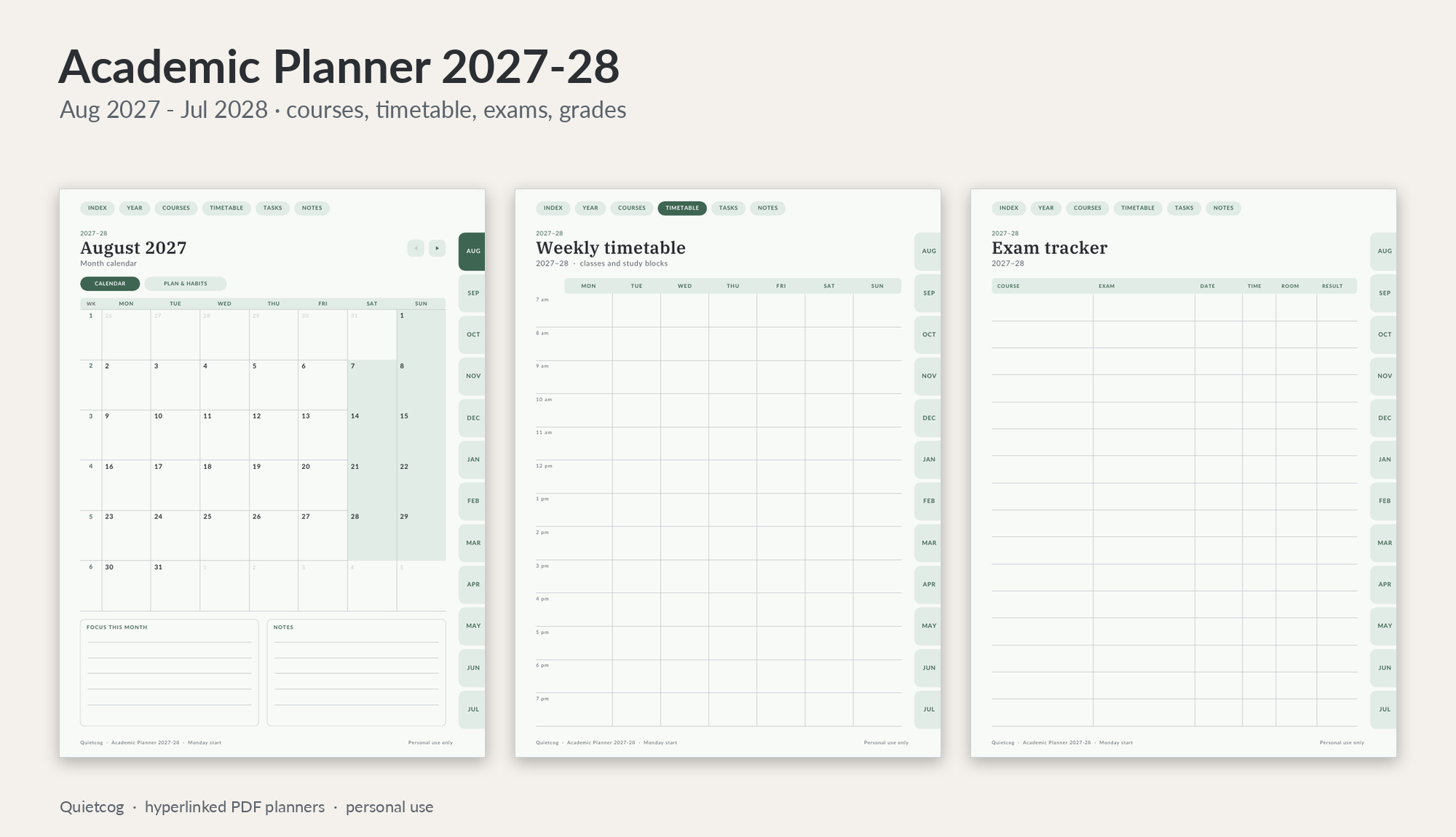 Pages from the Academic Planner 2027-28, which runs from August 2027 to July 2028.