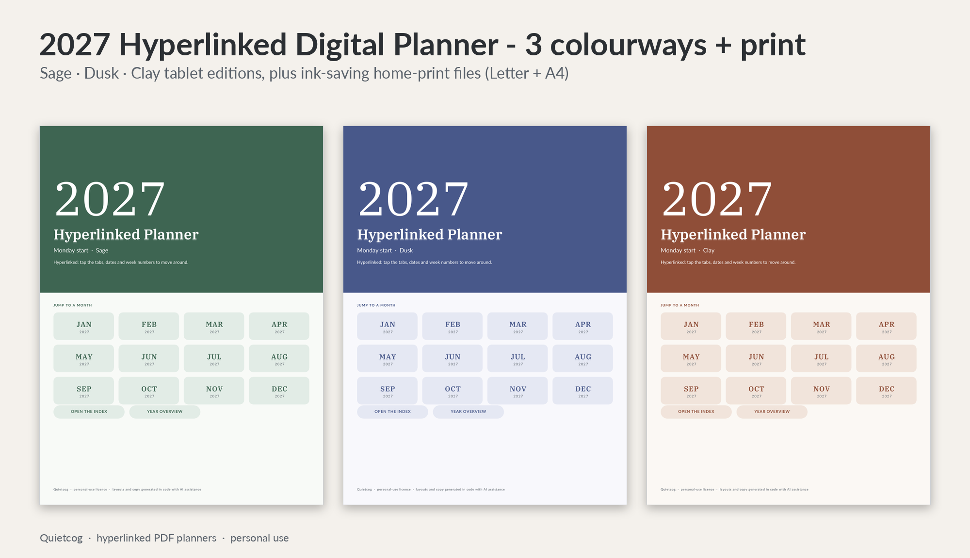 The 2027 Hyperlinked Digital Planner in three colourways: sage, dusk and clay.