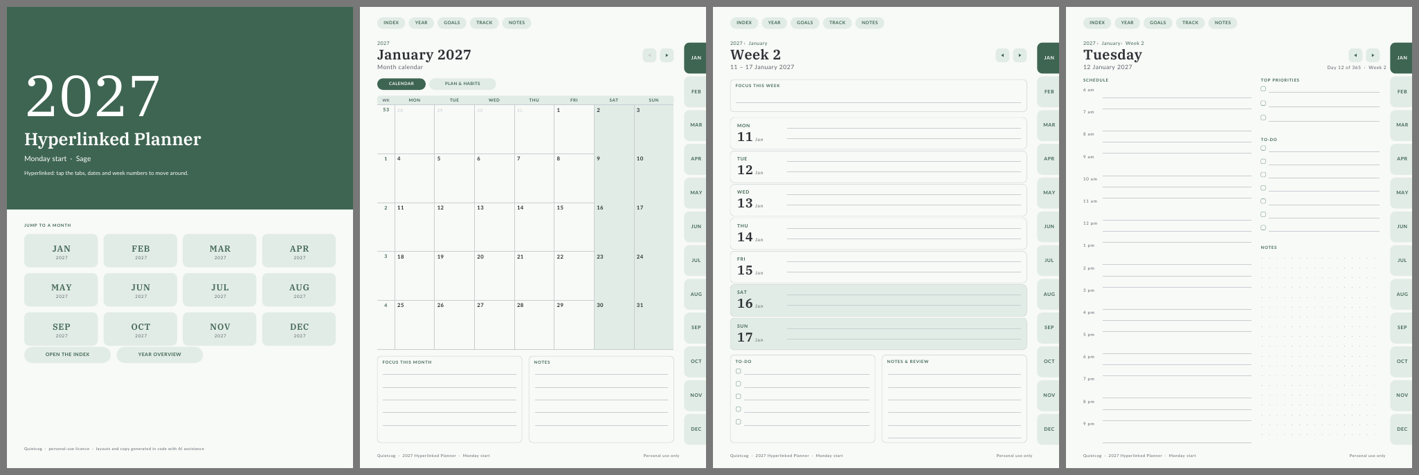 The four pages of the free sample: cover, January, week of 11 January and day 12 January.