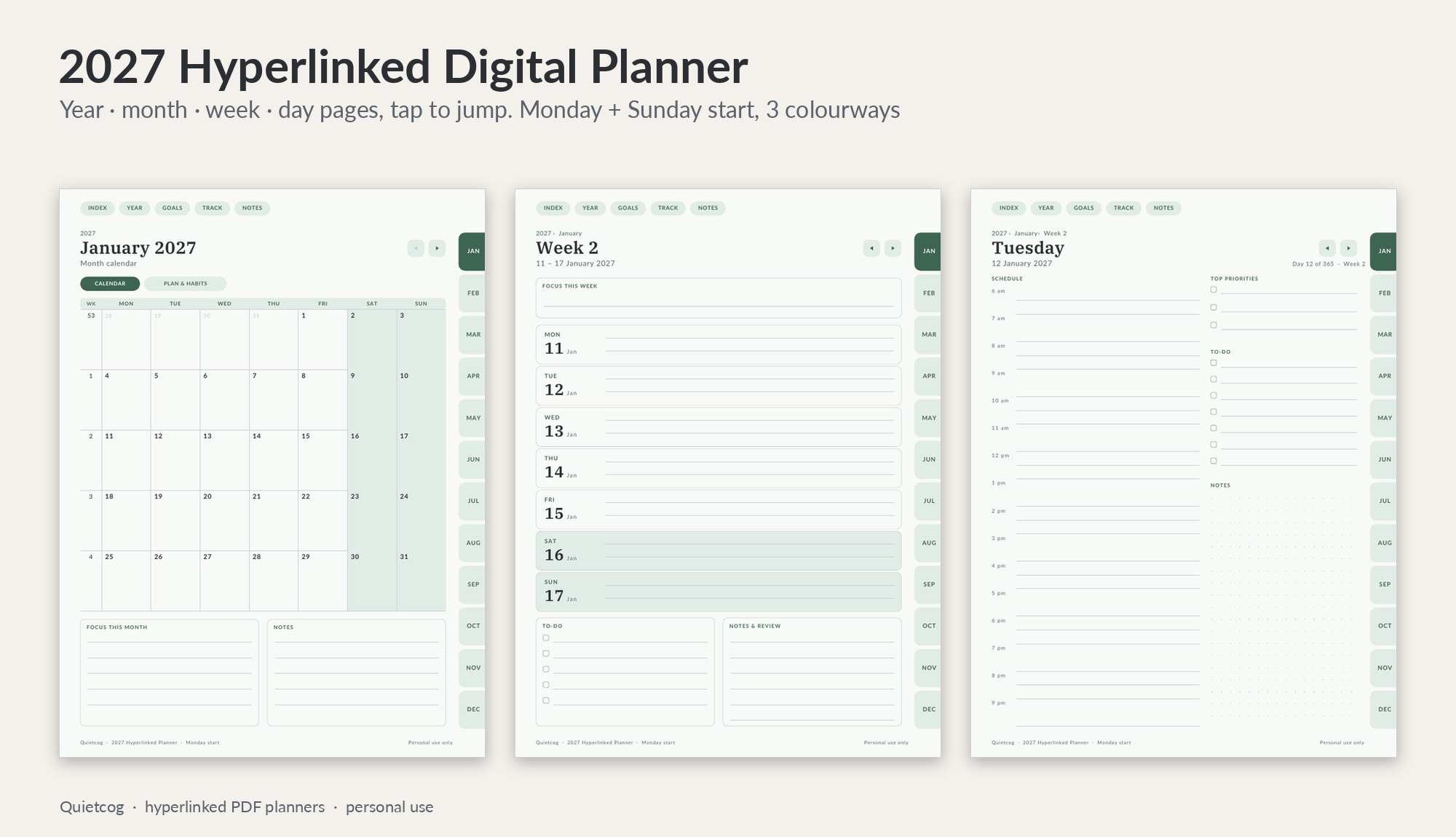 Pages from the 2027 Hyperlinked Digital Planner: year overview, month, week and day pages.
