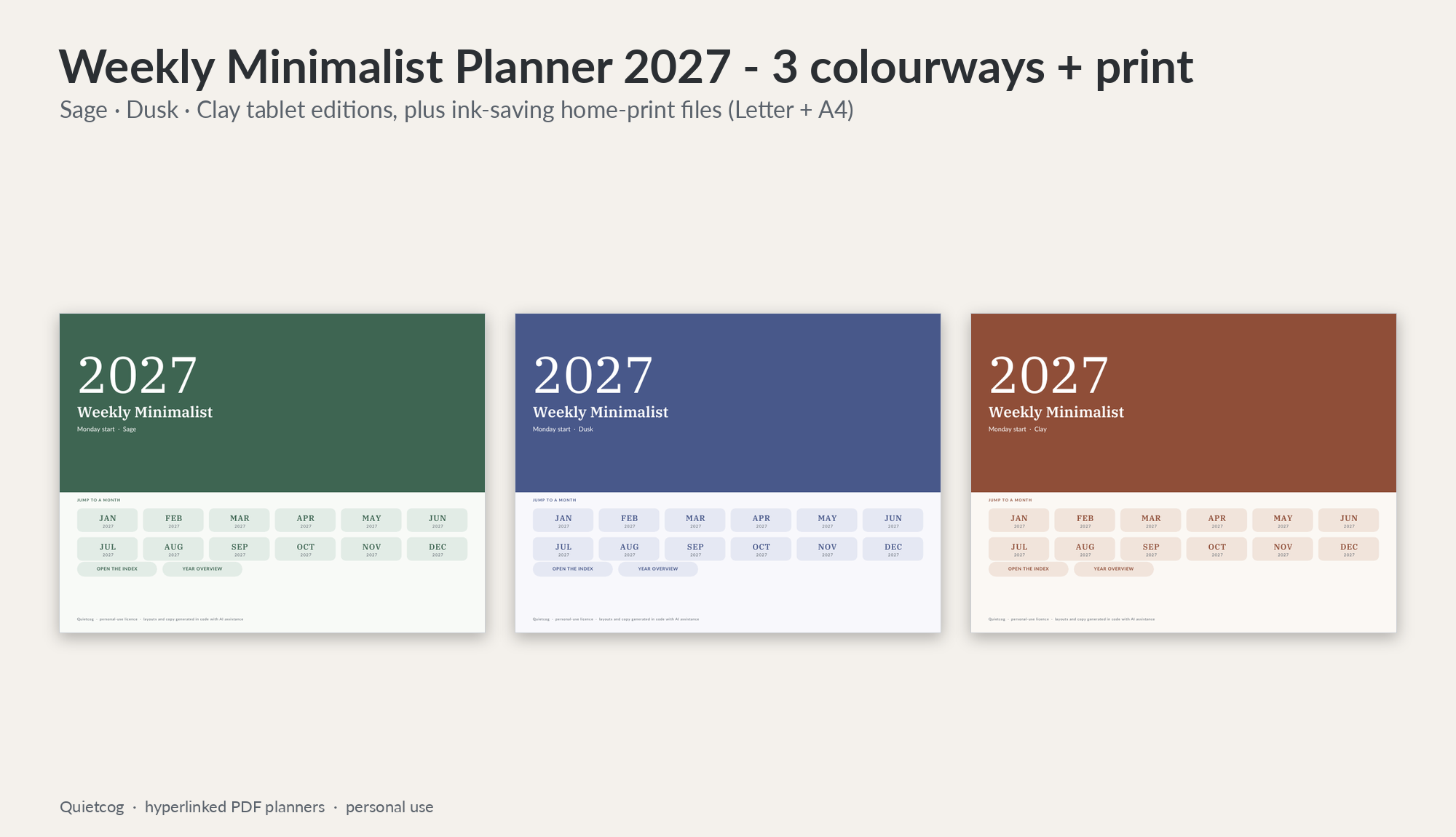 The Weekly Minimalist 2027 Planner in three colourways: sage, dusk and clay.