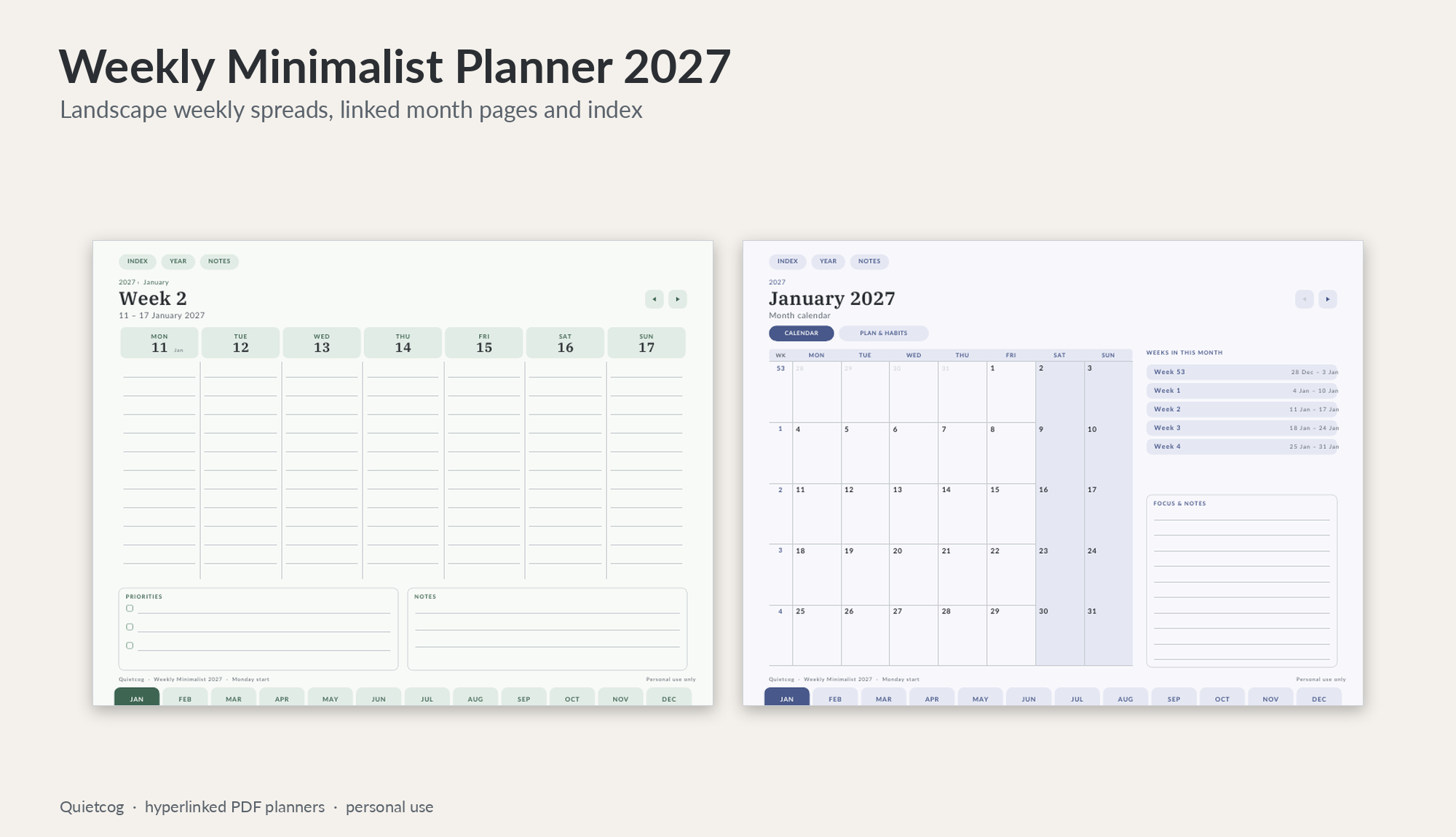 Landscape weekly spread from the Weekly Minimalist 2027 Planner.