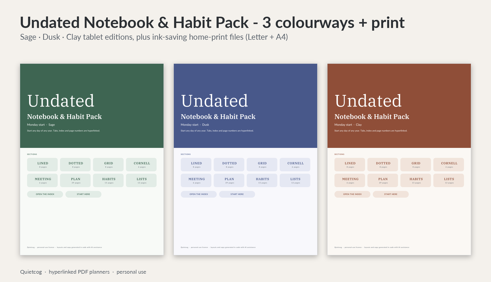 The Undated Notebook and Habit Pack in three colourways: sage, dusk and clay.