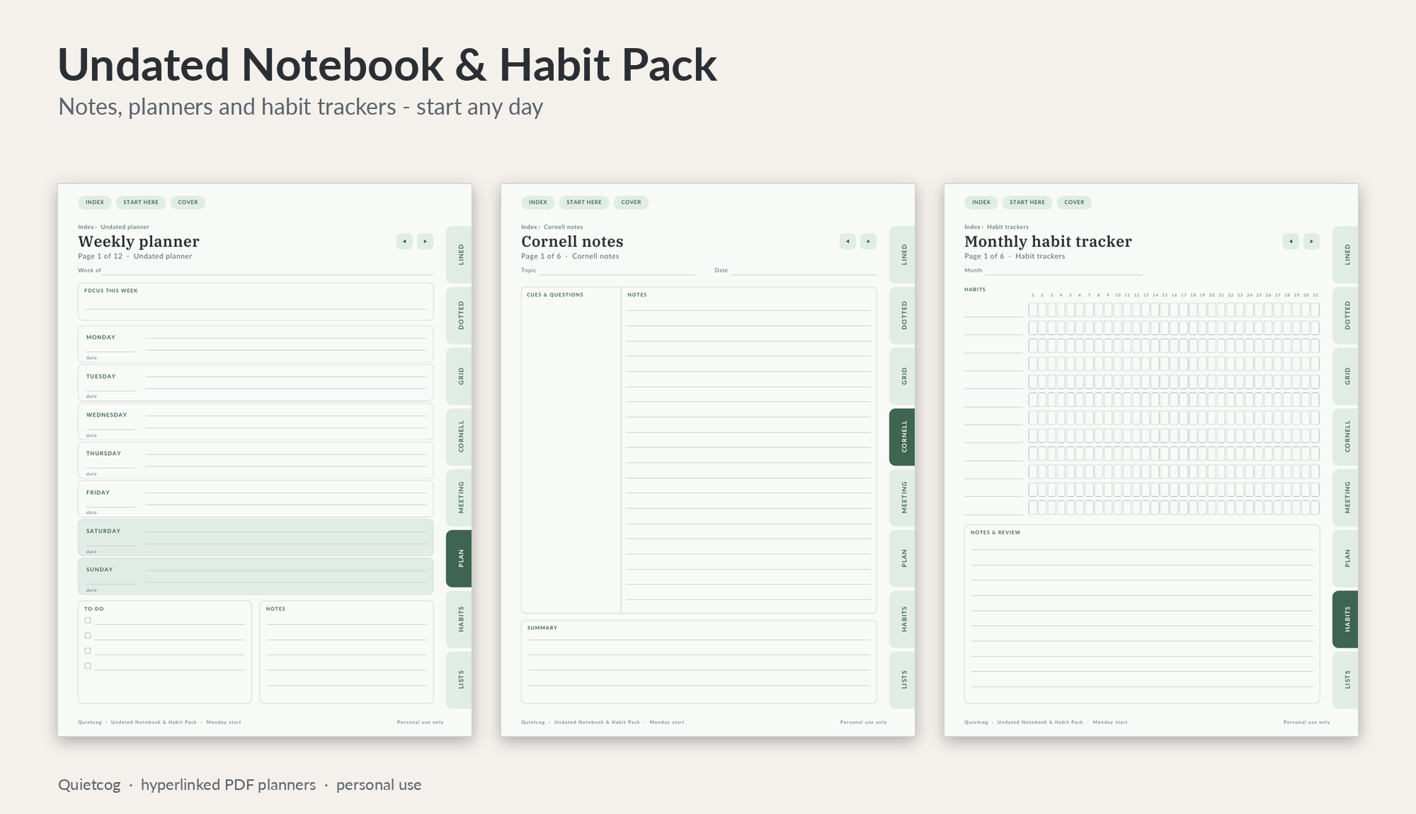 Notebook and habit tracker pages from the Undated Notebook and Habit Pack.