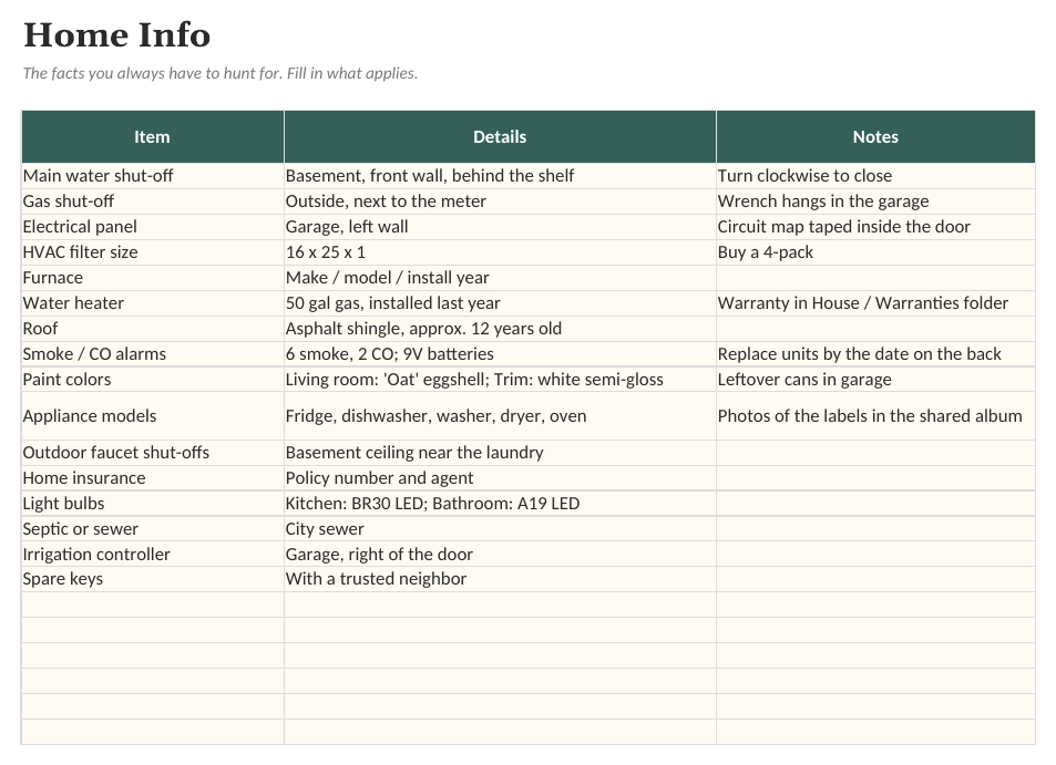 Home Maintenance Schedule: Home Info