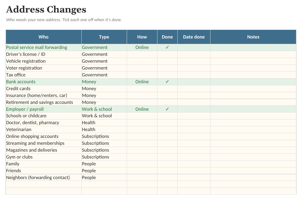 The Moving Planner: Address Changes