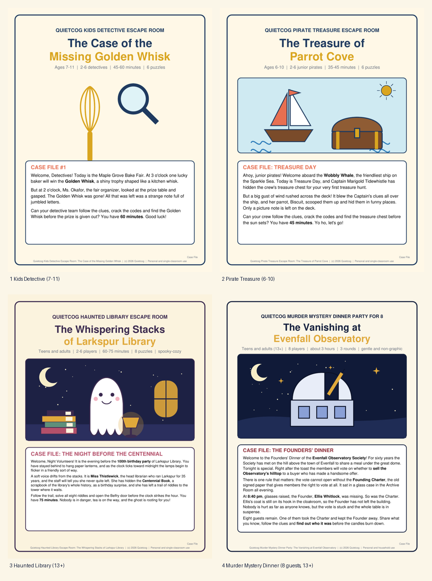 The four covers of the kits in the Escape Rooms & Mysteries Bundle.
