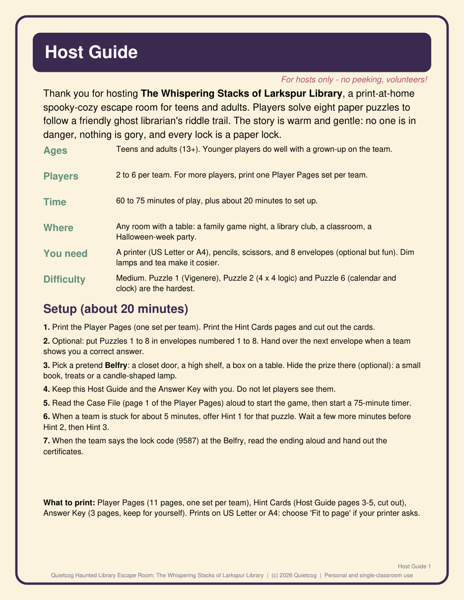A page of the host guide for the Haunted Library Escape Room with setup steps and the timing plan.