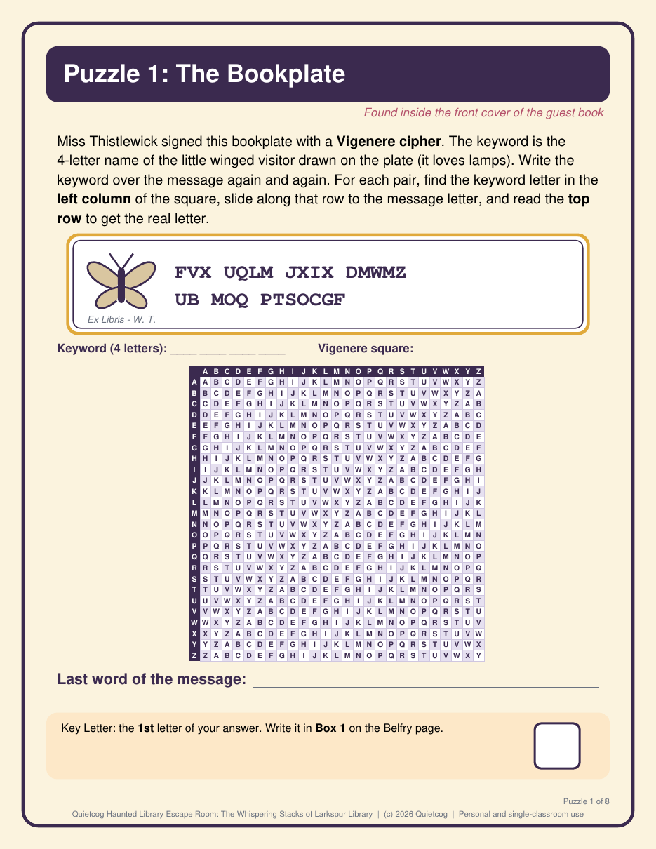 A preview page from the Haunted Library Escape Room kit: puzzle1 bookplate cipher.