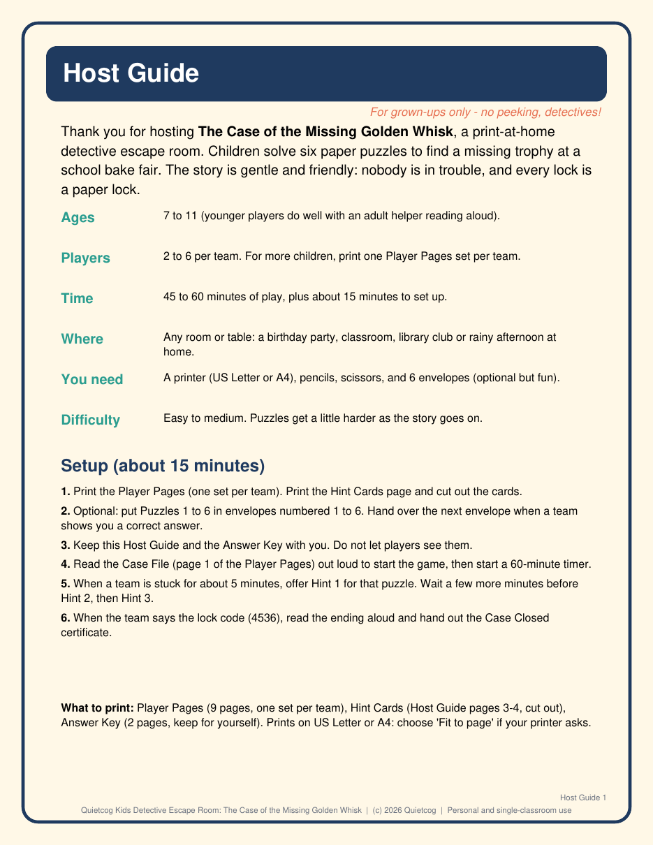 A page of the host guide for the Kids Detective Escape Room with setup steps and the timing plan.
