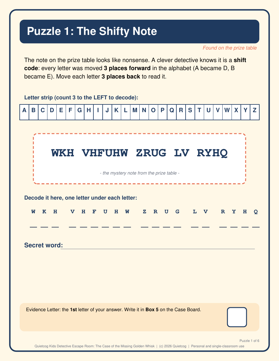 A preview page from the Kids Detective Escape Room kit: puzzle1 shifty note.