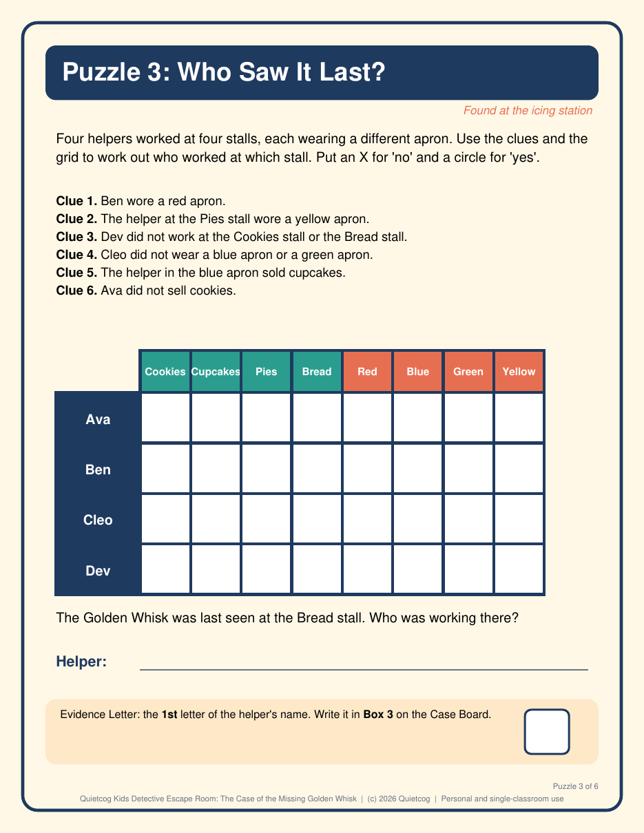 A preview page from the Kids Detective Escape Room kit: puzzle3 logic grid.