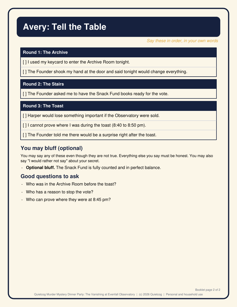 A preview page from the Murder Mystery Dinner Party for 8 kit: character booklet.