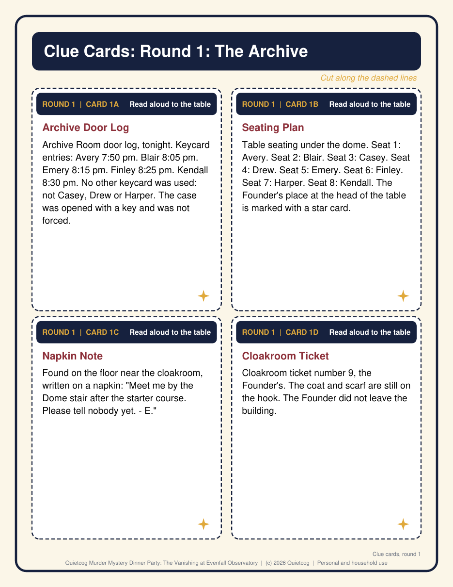 A preview page from the Murder Mystery Dinner Party for 8 kit: clue cards round1.