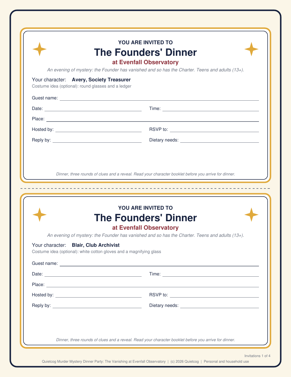 A preview page from the Murder Mystery Dinner Party for 8 kit: invitations.