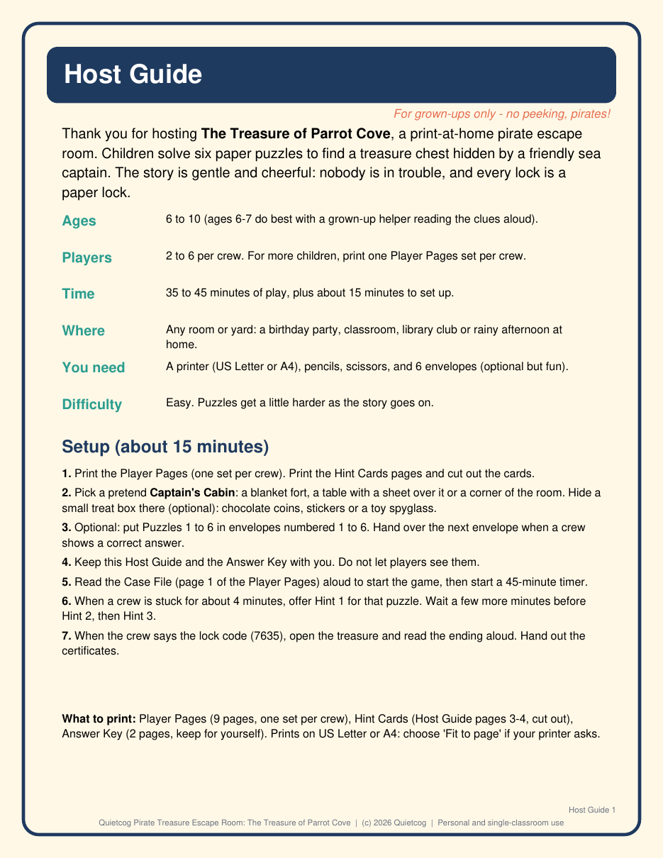 A page of the host guide for the Pirate Treasure Escape Room with setup steps and the timing plan.