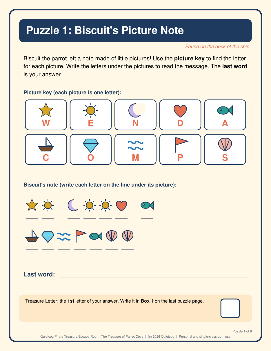 A preview page from the Pirate Treasure Escape Room kit: puzzle1 picture code.