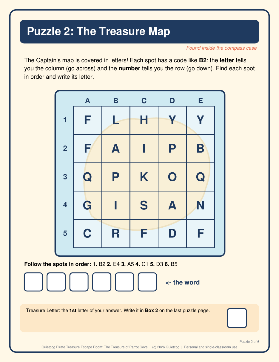 A preview page from the Pirate Treasure Escape Room kit: puzzle2 treasure map.