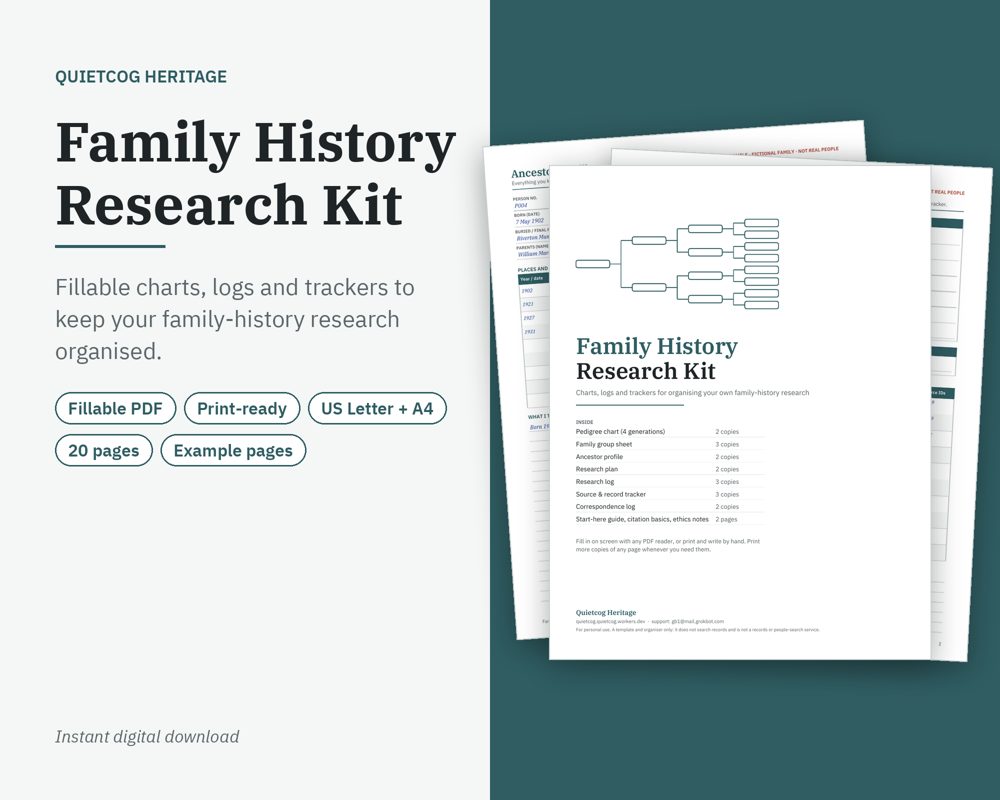 Preview of Family History Research Kit (example pages use a fictional family)