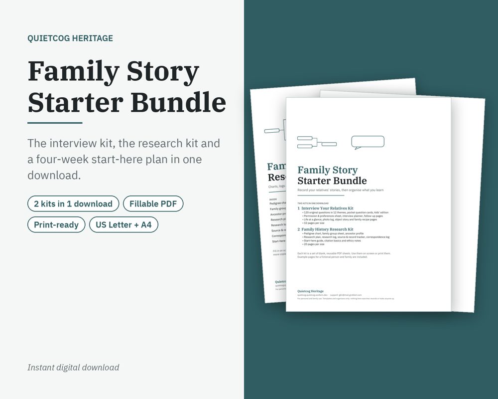 Preview of Family Story Starter Bundle (example pages use a fictional family)