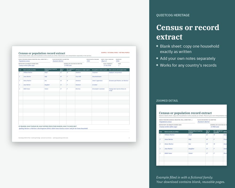 Preview of Genealogy Add-On Pack (example pages use a fictional family)