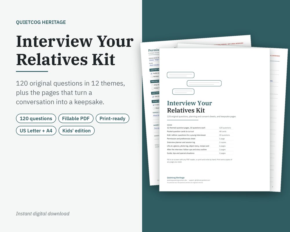 Preview of Interview Your Relatives Kit (example pages use a fictional family)