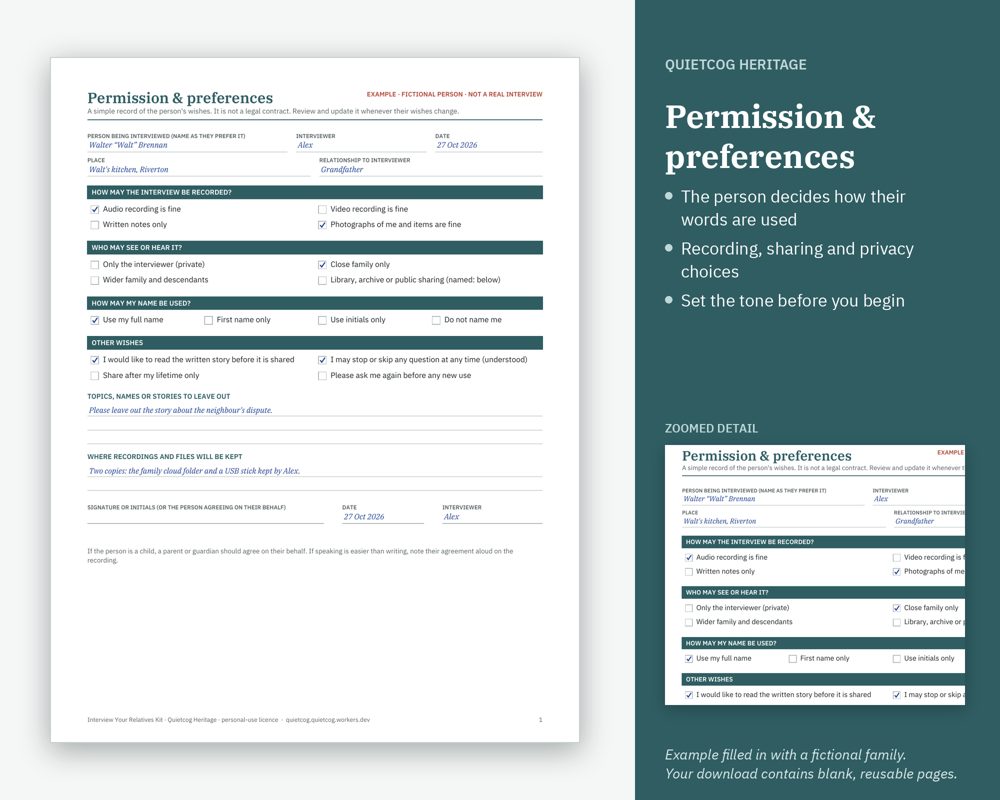 Preview of Interview Your Relatives Kit (example pages use a fictional family)