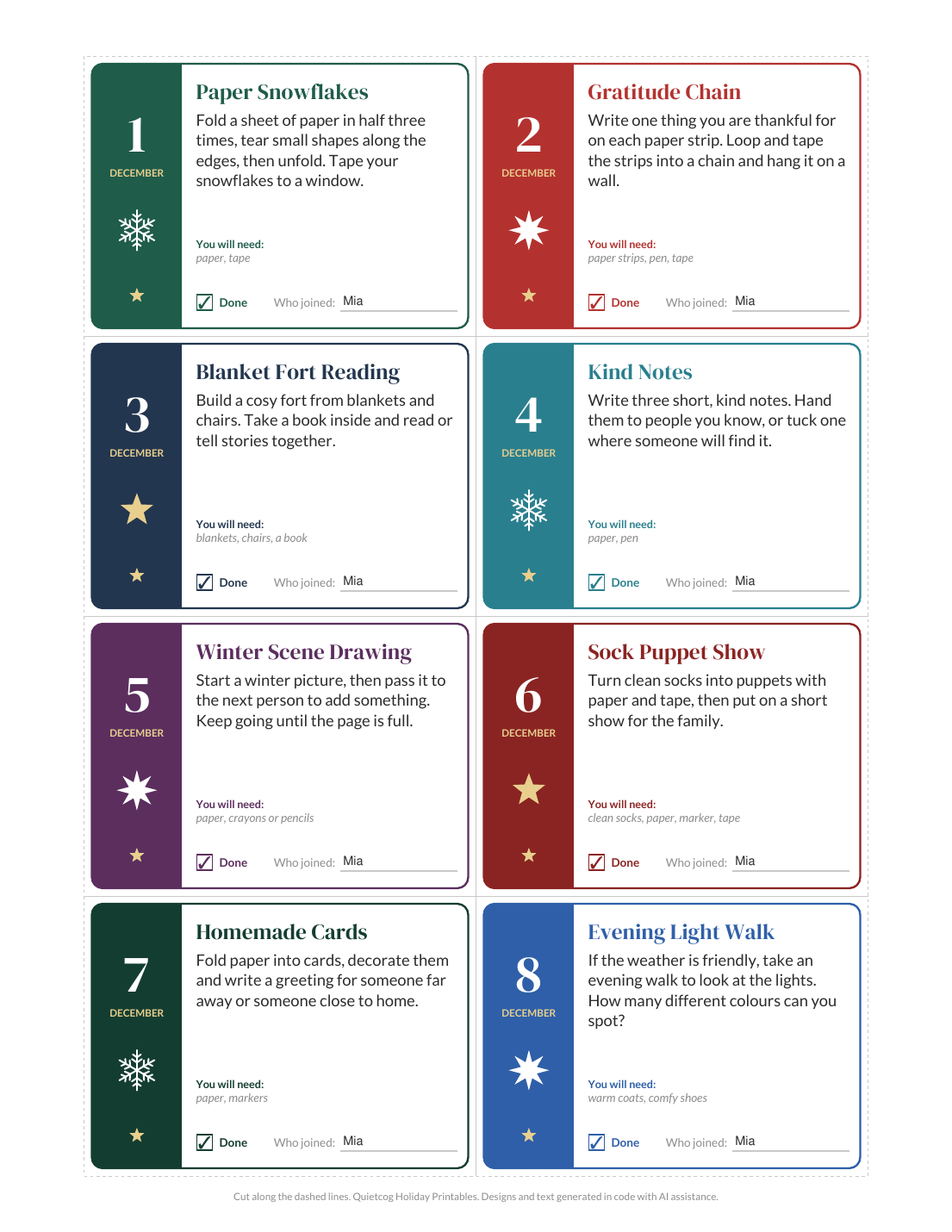 A page from the December Countdown Activity Cards.