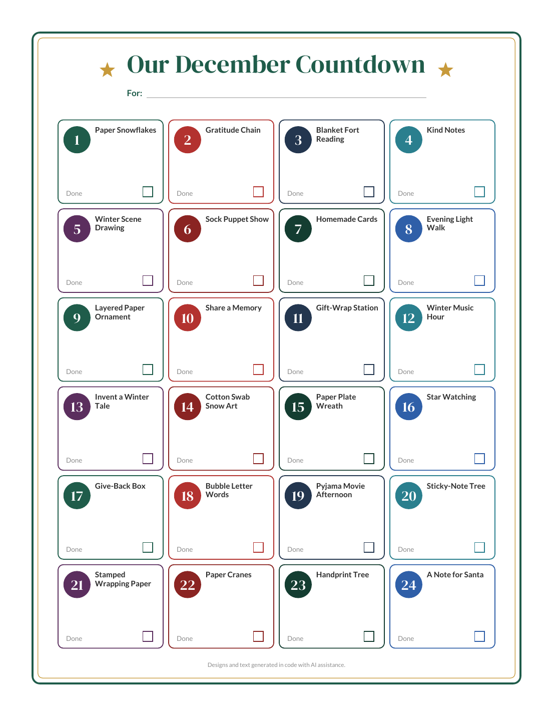 A close look at the December Countdown Activity Cards.