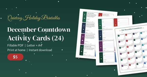 December Countdown Activity Cards: 24 printable activity cards and a countdown tracker shown as printed pages, $5