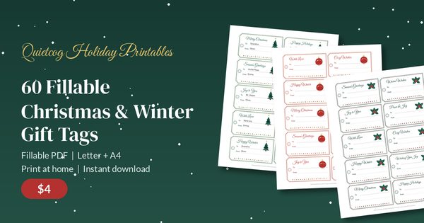 Christmas and Winter Gift Tags: sixty fillable printable gift tags in six designs, shown as printed sheets on a dark green background, $4