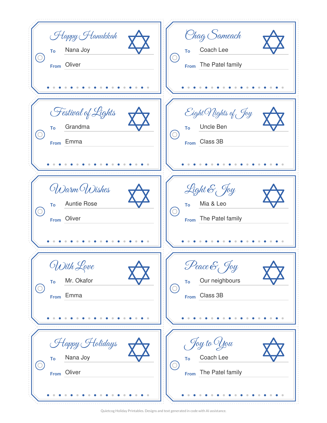 A page from the Hanukkah Gift Tags.