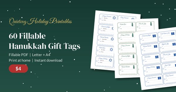 Hanukkah Gift Tags: sixty fillable printable gift tags with dreidels, stars and olive sprigs shown as printed sheets, $4