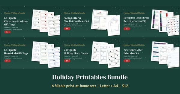 Holiday Printables Bundle: previews of all six sets (gift tags, Santa letters, countdown cards, Hanukkah tags, place cards, New Year's 2027) in one download, $12