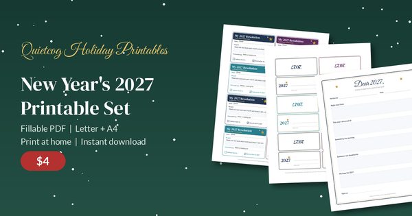 New Year's 2027 Printable Set: resolution cards, toast notes, place cards and a Dear 2027 letter shown as printed pages, $4